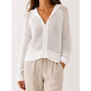 Modern Soul White Open Knit Zip Hoodie Sweater Cotton Coastal Cottagecore L